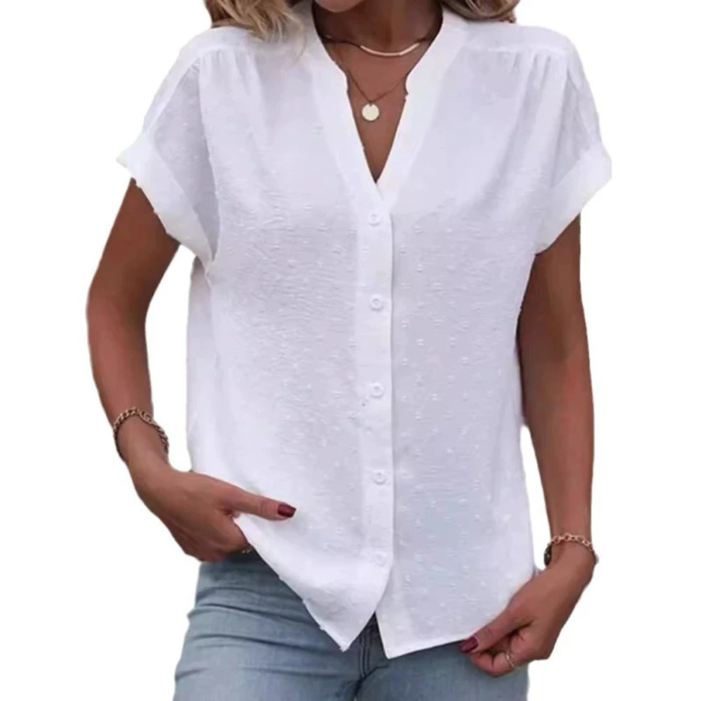 ZARA Summer Solid Color Jacquard Collar Short Sleeve Button Top